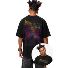 Fuddy Moda Unisex Judas Priest Sırt Baskılı Bisiklet Yaka Tişört, Oversize Rock Metal Band Temalı Tshirt