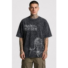Fuddy Moda Unisex Iron Maiden Est 1975 Baskılı Yıkamalı Tişört, Oversize Rock Band Temalı Vintage T-Shirt