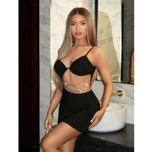 MTM My The Mall Giyim Zincir Detaylı Göğüs Dekolteli Siyah Mini Club Elbisesi