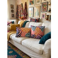 Rahan Design Renkli Zebra Desenli Çift Taraflı Dekoratif 2li Süet Kırlent Kılıfı Seti - 30X50 / 43X43CM - 2li Dekoratif Baskı Kırlent Kılıfı Seti