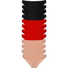 Modanı Seç 12 Adet Süper Eko Set Likralı Kadın Slip Külot Siyah Kırmızı Ten