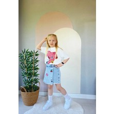 Superbaby Kız Çocuk Hello Kitty Temalı Ikili Takım - Krem Nakışlı Tişört ve Aksesuarlı Denim Şort Etek Kombini