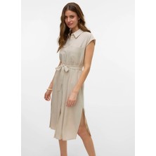 Vero Moda Bej Kadın Yuvarlak Yaka Elbise Vmmymılo Sl Calf Shırt Dress Wvn Ga