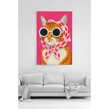 HonataDizayn Pembe Gözlüklü ve Eşarplı Komik Kedi Tasarımlı Pop Art Modern Duvar Kanvas Tablo