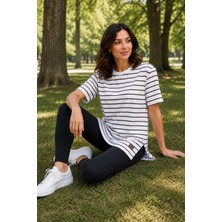 Tenra Kadın Beyaz Çizgili Oversize Kısa Kol Basic Tunik Tişört