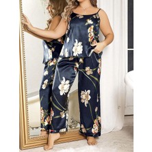 Liyuza Büyük Beden Mavi Üstüne Çiçek Desenli Ince Askılı 2'li Saten Pijama Takımı
