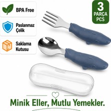 Jojobebek Balık Figürlü Premium Çocuk BPA Free Silikon Saplı Paslanmaz Çelik Uçlu Çatal-Kaşık 9+ Ay (Lacivert)