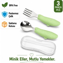 Jojobebek Balık Figürlü Premium Çocuk BPA Free Silikon Saplı Paslanmaz Çelik Uçlu Çatal-Kaşık 9+ Ay (Yeşil)