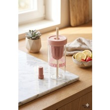 Homerest 750 ml Pembe Süzgeçli Pipetli Cam Matara Motivasyonel Su Şişesi Tasarımlı Isıya Dayanıklı Bardak