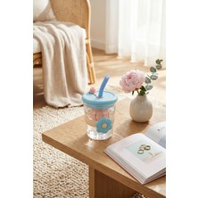 Homerest Mavi Çiçekli Silikon Kılıflı Pipetli Kapaklı Cam Bardak Soğuk Kahve Matarası 450ML
