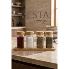 Vesta Concept Kare Cam Baharatlık Seti 4'lü Bambu Kapaklı ve Standlı Tuzluk & Baharatlık Takımı