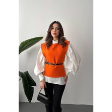 Modadua Oranj Kemerli Gömlek ve Panço Takım