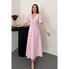 Modadua Pembe Düğmeli Midi Boy Poplin Elbise