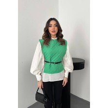 Modadua Yeşil Kemerli Gömlek ve Panço Takım