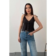 Modadua Siyah Bağcıklı Brode Bluz