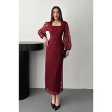 Modadua Bordo Güpür Detaylı Dantel Elbise