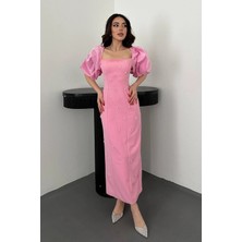Modadua Pembe Işlemeli Kolu Garnili Elbise