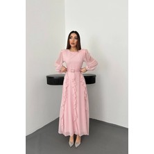 Modadua Pembe Kemerli Şifon Elbise