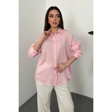 Modadua Pembe Nakışlı Oversize Gömlek