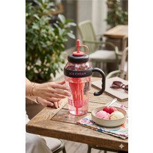 Homerest 1 Litre Kulplu Pipetli Matara Pembe Ice Cream Yazılı Şeffaf Spor Suluk Motivasyon Şişesi