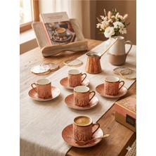 Homerest Porselen 6 Kişilik Türk Kahvesi Fincanı Takımı Altın Yaldızlı Mercan Bohem Desenli Özel Sunum Seti T