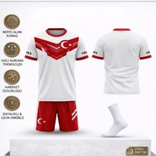 Yenteks Türkiye Milli Takım Yakalı 02 Özel Tasarım Beyaz-Kırmızı Çocuk Futbol Forması Takımı 3 Lü Set Forma+Şort+Çorap (KOD:Y02)