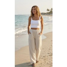Sinem Çeyiz Oroverde Trend Keten Pants Beli Lastikli Bol Paça Cepli Pantolon