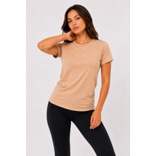 Beruflic Kadın Basic Tişört Bisiklet Yaka Kısa Kol Günlük Yazlık Slim Fit T-Shirt - Bej