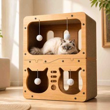 Eilo Luxe Ahşap 2 Katlı Kedi Evi Tırmalama Tahtalı Interaktif Kedi Oyun ve Uyku Alanı