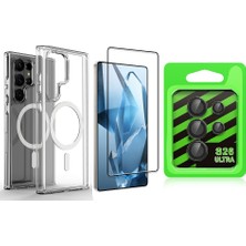 Vendas Galaxy S26 Ultra Kılıf M-Safe Şarj Özellikli Şeffaf Sert Pc Vendas Embos Kapak + Kamera Lens + Cam Ekran Koruyucu