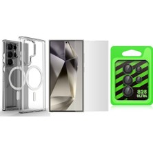 Vendas Galaxy S26 Ultra Kılıf Magsafe Şarj Özellikli Şeffaf Sert Pc Zore Embos Kapak + Kamera Lens + Nano Ekran Koruyucu