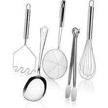 Trouvaille 5 Parça Çelik Metal Mutfak Servis Seti Takımı Kaşık, Çırpıcı, Maşa, Patates Ezici, Kevgir