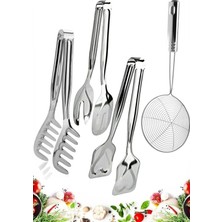 Trouvaille 4 Parça Paslanmaz Çelik Makarna Maşası, Salata Maşası, Pasta Maşası, Kevgir Seti Mutfak Seti