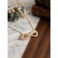 Stainless Steel Çelik Gold Renk Zincir Zirkon Taşlı Sonsuzluk Model Çelik Kolye