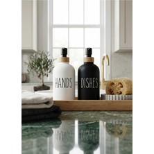 Trouvaille Modern Mutfak Tezgah Üstü 2'li Sabunluk Seti - Bambu Detaylı Hands & Dishes Sıvı Sabunluk Takımı - M