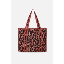 İcone Bag Patch Yama Desen Baskılı Kapitoneli Plaj Çantası, Içi Çizgili Baskılı Shopper Çanta, Pembe Plaj Çantası