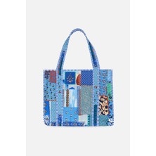 İcone Bag Patch Yama Desen Baskılı Kapitoneli Plaj Çantası, Içi Çizgili Baskılı Shopper Çanta, Pembe Plaj Çantası