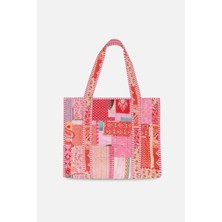 İcone Bag Patch Yama Desen Baskılı Kapitoneli Plaj Çantası, Içi Çizgili Baskılı Shopper Çanta, Pembe Plaj Çantası