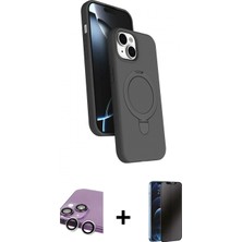 Marsilyan™- iPhone 14 Kılıf Iz Işık Koleksiyonu - Siyah 3D Antistatik Hayalet Cam Ekran Koruyucu + Raze Metal Kamera Lens - Gs