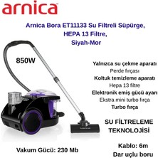 Arnica 850W Toz Torbasız Bora ET11133 Su Filtreli Süpürge, Hepa 13 Filtre, Siyah-Mor