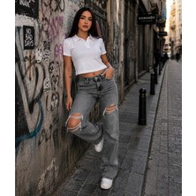 Budan Export Kadın Beyaz Yaka Detaylı Patlı Crop T-Shirt