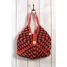 Talin Handmade El Örgüsü Hasır Plaj Çantası - Kiremit Siyah