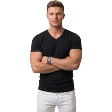 RizzUP Erkek Siyah Slim Fit %90 Pamuk V Yaka Likralı Yumuşak Dokulu Basic Tişört 1801165