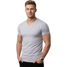 RizzUP Erkek Gri Slim Fit %90 Pamuk V Yaka Likralı Yumuşak Dokulu Basic Tişört 1801165