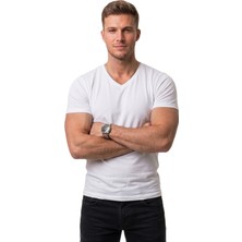 RizzUP Erkek Beyaz Slim Fit %90 Pamuk V Yaka Likralı Yumuşak Dokulu Basic Tişört 1801165