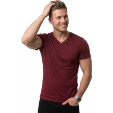 RizzUP Erkek Bordo Slim Fit %90 Pamuk V Yaka Likralı Yumuşak Dokulu Basic Tişört 1801165
