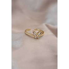 Ayarlamalı Altın Renk Metal Zirkon Taş ve Kristal Taşlı Kelebek Model Yüzük 5 - HS3798-7513