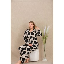 Liyuza Büyük Beden Siyah Beyaz Kalp Desenli Düğmeli Uzun Kol Viskon Pijama Takımı