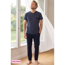 Seamlife Homewear Erkek Desenli 3 Düğmeli Bisiklet Yaka %100 Pamuk Penye Kısa Kollu Cepli Pijama Takımı