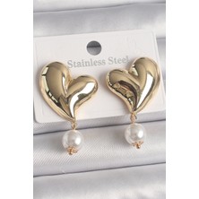 Pirinç Gold Renk Kalp Model Sallantı Inci Detay Kadın Küpe 5886 - HS7043-5606